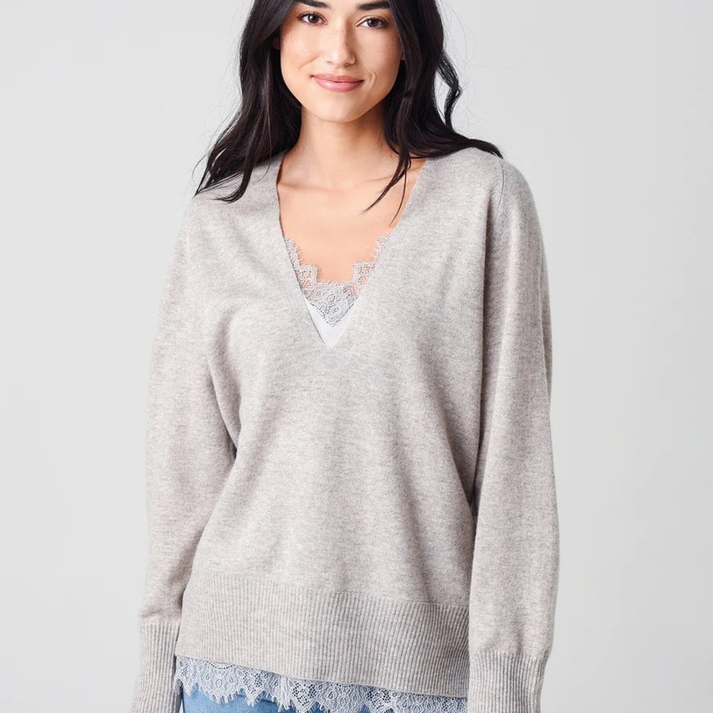Brochu Walker The Lace Vee Looker Pullover Sweater Cashmere Wool Size XS Grey